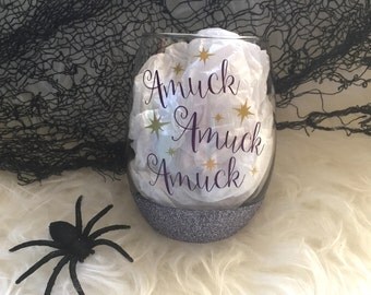 Hocus Pocus Inspired "Amuck Amuck Amuck" Wine Glass, Charcoal Silver Glitter Dipped Stemless