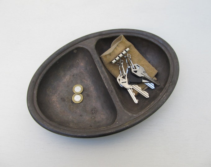 Vintage silver plated key and change tray, rustic divided bowl by Walker and Hall, Sheffield, England - industrial army ration plate