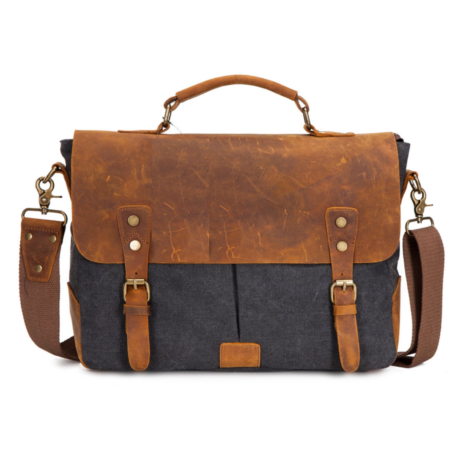 Waxed Canvas Messenger Bag / Leather Messenger Bag / Laptop