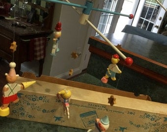 Vintage Hand Painted Wood Irmi Circus Musical Mobile In Original Box 1960 Era
