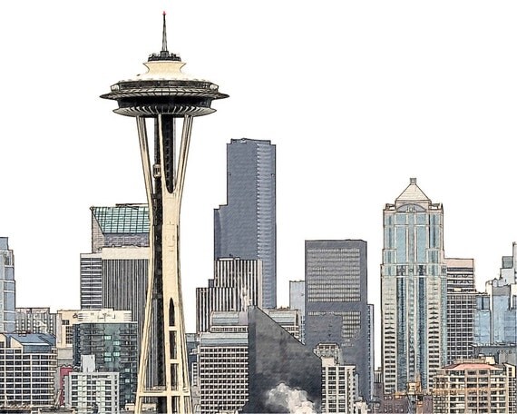 Space Needle Photo Sketch Seattle Skyline Downtown by GarlandAlisa