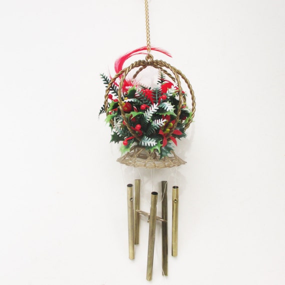 Vintage Christmas Wind Chime Bird Cage Chimes Red Flocked