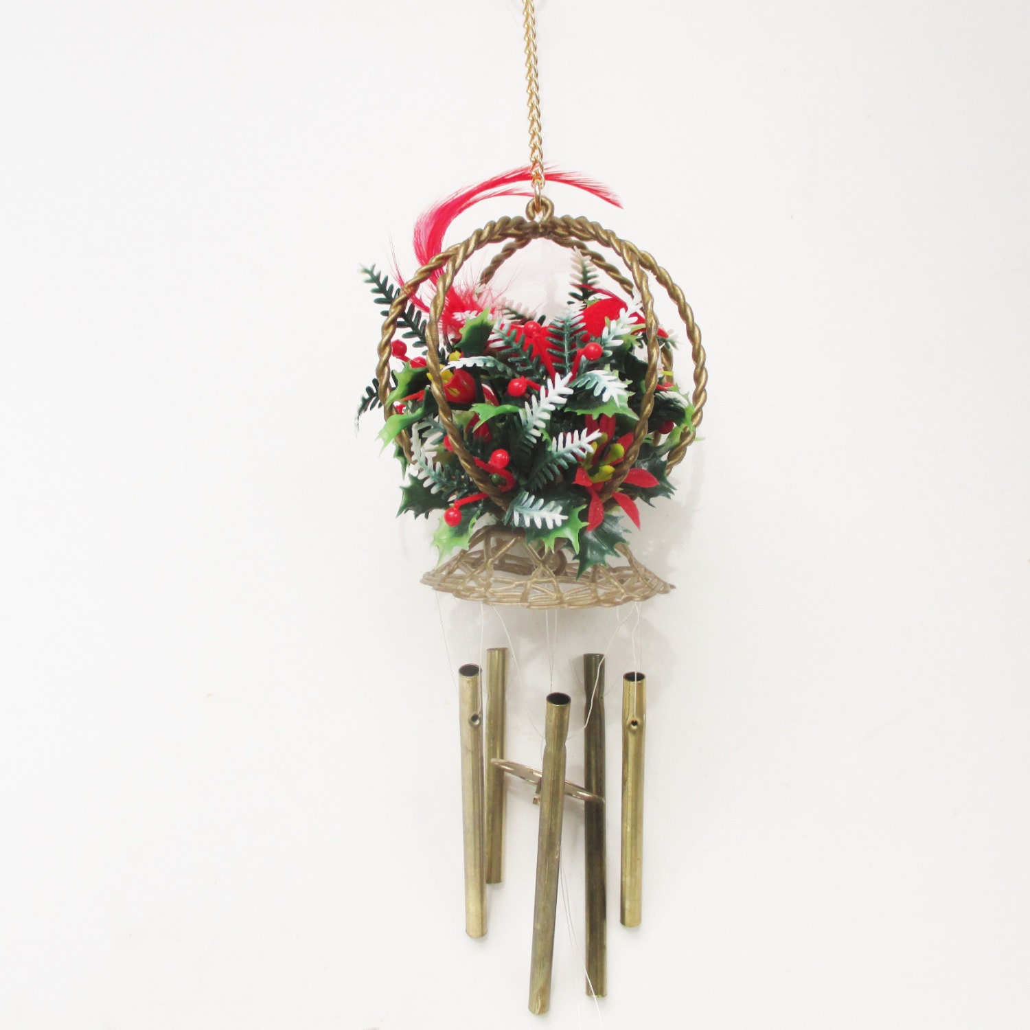 vintage christmas wind chime bird cage chimes red flocked bird vintage christmas wind chime bird cage chimes red flocked bird