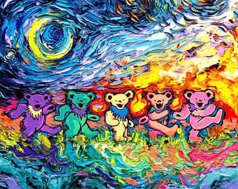 Grateful Dead Dancing Bears Starry Night print van Gogh Never Danced With The Dead by Aja 8x8, 10x10, 12x12, 20x20, and 24x24 inches choose