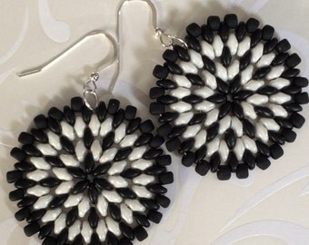 Seed Bead Earrings - Big Bold Black and WhiteDisc Earrings - Beadwork Jewelry - Statement Jewelry