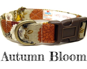 Brown Orange Sunflowers Mums Flowers Fall Dog Collar - Organic Cotton Dog Collar - All Antique Brass Hardware - "Autumn Bloom"