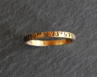 Personalized Coordinate Ring, Hand Stamped in Solid 14 K Gold