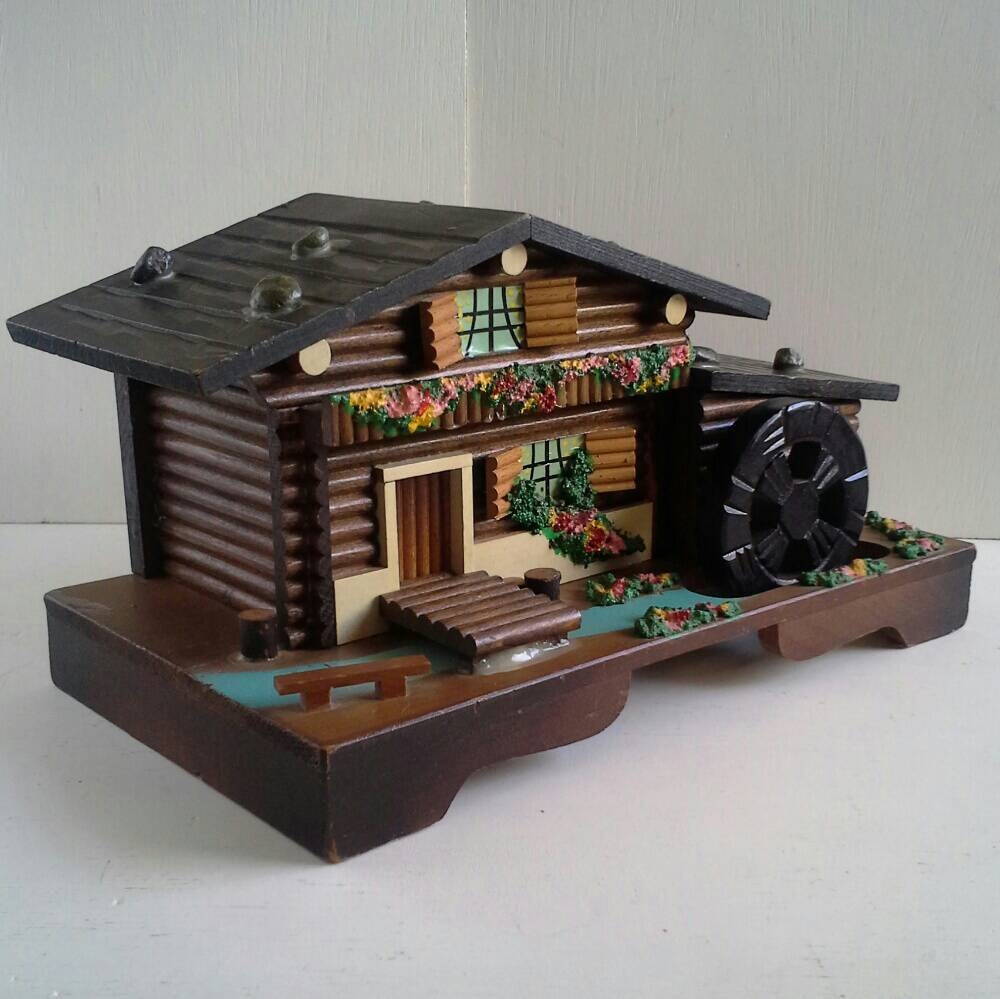 Swiss Chalet Music Jewelry Box Turning Water Wheel Alpine Log