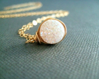 Mini White Druzy Necklace Gold Amaretto druzy pendant necklace Gift for her under 45 Vitrine