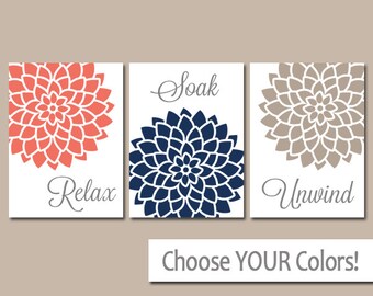 Coral Navy BATHROOM Decor Wall Art, CANVAS or Prints, Bathroom Pictures, Relax Soak Unwind, Quote Flower Dahlia Artwork, Set of 3 Home Decor