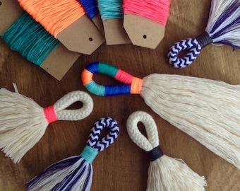 DIY Tassel Making Kit. Make your own large or mini tassels with cream cotton rope and waxed neon twine. Block colour tassels