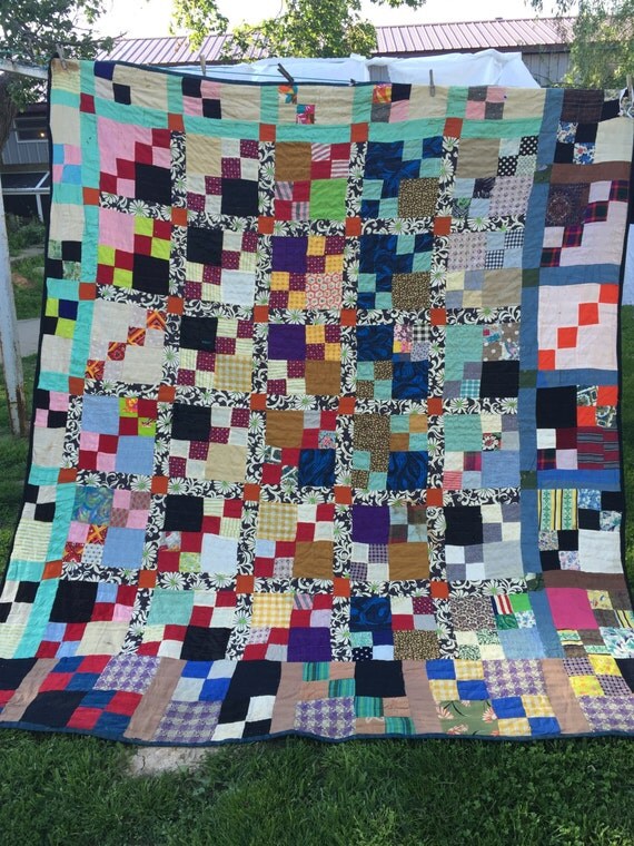 Vintage Jacob's Ladder Heavy Quilt Set in Black with Blue