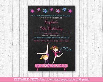 Gymnastics Chalkboard Birthday Invitation / Girl Gymnastics Birthday Invitation / Gymnastics Invite / INSTANT DOWNLOAD Editable PDF