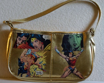Decoupaged Wonder Woman Gold Handbag Top Handle Wonder Woman Purse