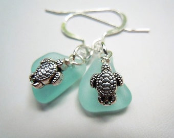 Turtle Dangle Earrings Sea Glass Beach Glass Earrings, Tropical Sea Glass Earrings, Seaglass Jewelry