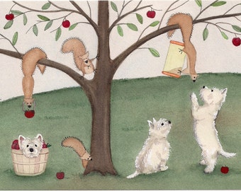 West Highland Terriers (westies) curious about squirrels / Lynch signed folk art print