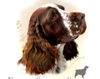 ENGLISH SPRINGER SPANIEL (Liver & White) with Phrase on One 16 inch Fabric Panel to Sew. Actual Picture is 8" x 9"on white background.