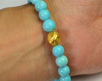 18K Solid Yellow Gold Sleeping Beauty Turquoise Bead Bracelet 7 INCH