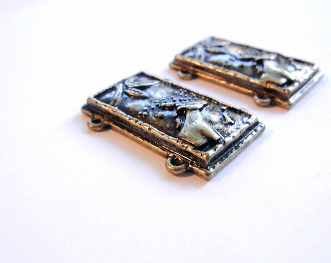 Pair of Double Link Burnished Gold-tone Rectanglular Deer Connector Charms