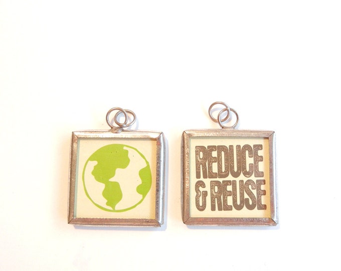 1 Pendant: Reduce & Reuse with Earth Image Charm in Metal Frame Under Glass Recycle