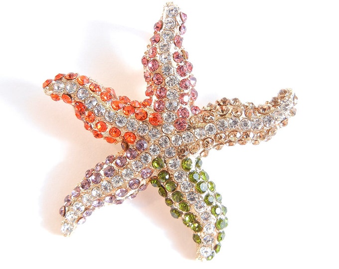 Multi Colored Rhinestone Starfish Pendant Gold-tone