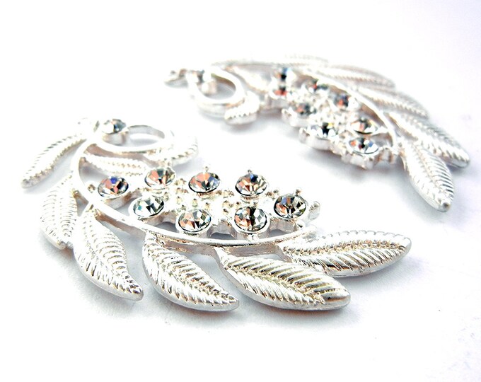 Pair of Bright Silver-tone Leaf Drops Charms Rhinestone Accented