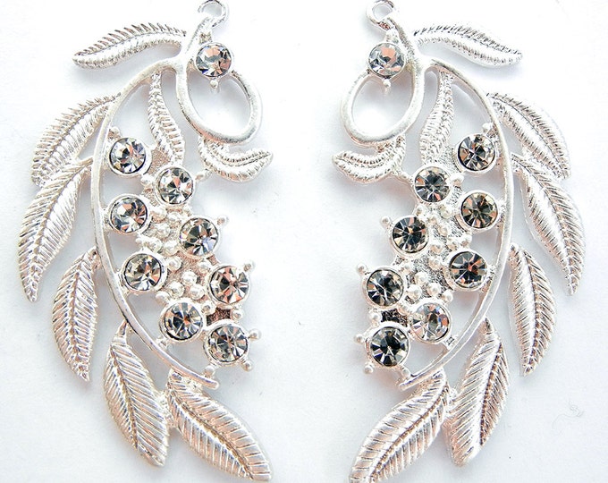 Pair of Bright Silver-tone Leaf Drops Charms Rhinestone Accented