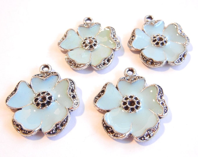 2 Pairs of Blue Enamel Marcasite-like Flower Charms