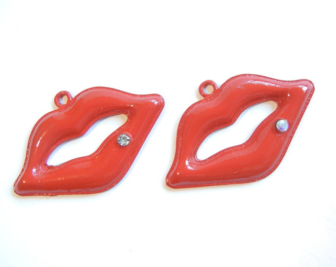 Pair of Red Epoxy Lip Charms with Rhinestone Beauty Mark Accent Silver-tone