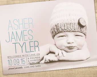 birth announcement, Baby boy announcement, Baby girl announcement, Double sided, newborn printable digital Simple modern birth announcement