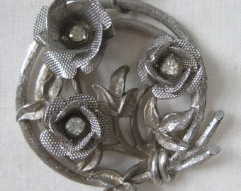 Rose Flower Silver Necklace Rhinestone Vintage Pendant Clear
