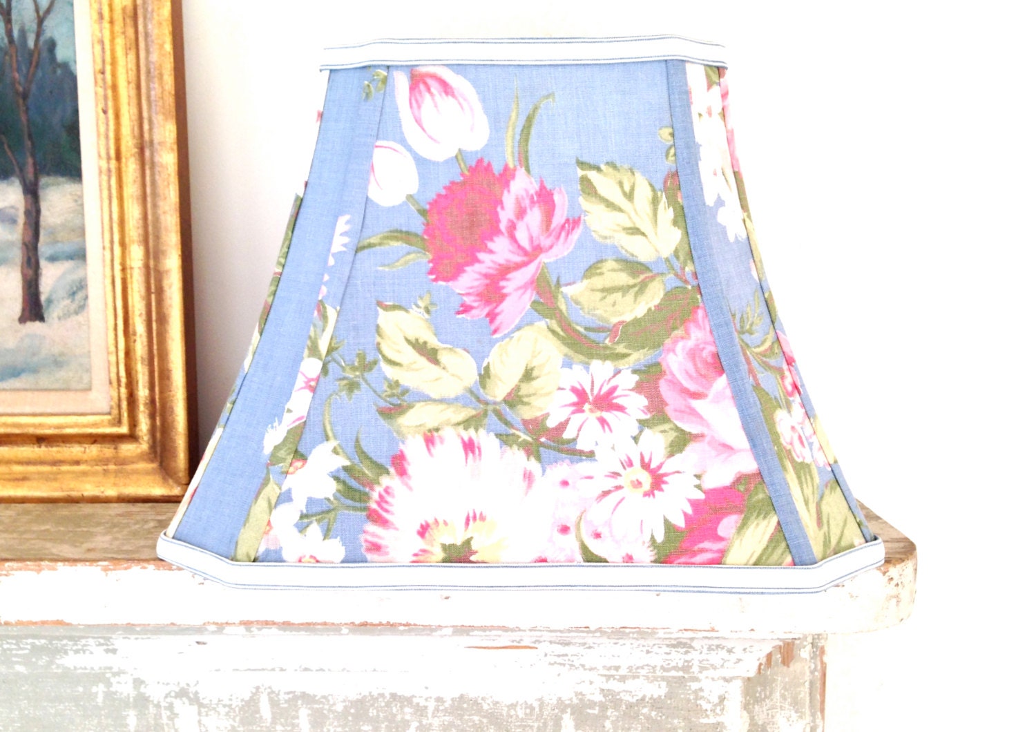 ON SALE Lamp Shade Lampshade Blue Vintage Fabric 9x14x10.5
