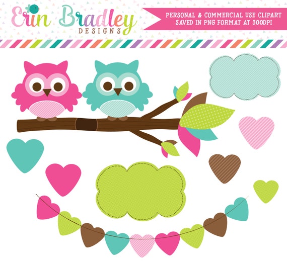 Pink and Blue Owls in a Branch Clipart Graphics Commercial Use Digital Clip Art Il_570xn