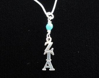 Zeta Tau Alpha Lavalier Necklace- Zeta Tau Alpha Sorority Pendant- Sterling Silver Charm- Greek Sorority Necklace- Turquoise Blue Bead