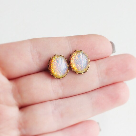 Fire Opal Stud Earrings Vintage Domed Glass Cabochon Posts