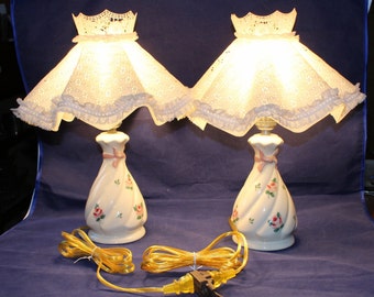 Vintage Pair of Porcelain Bedroom Lamps with Shades, Handpainted Roses