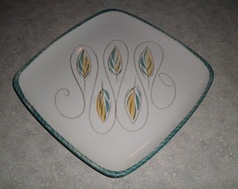 Glidden Pottery New York mcm Leaf feather large square Plate or Platter turquiose yellow