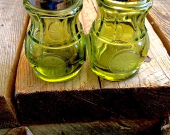 Fostoria salt and pepper shakers-green coin salt and pepper shakers-avocado green salt and pepper shakers