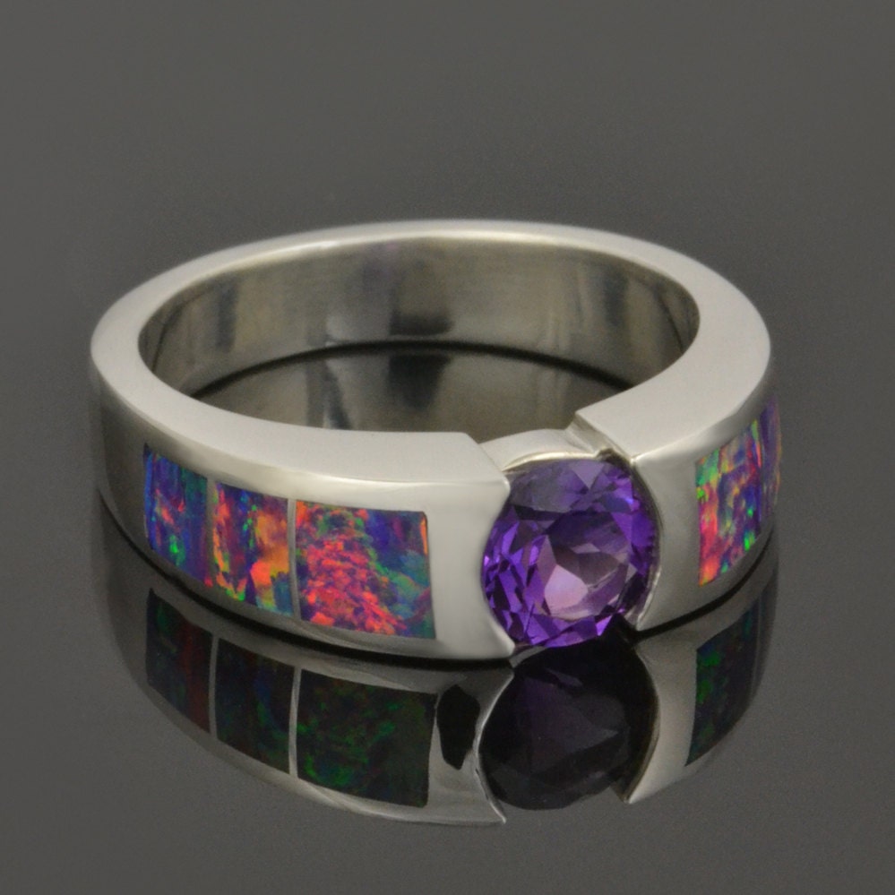 Lab Created Opal Ring with Amethyst Center Stone in Sterling