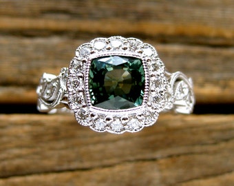 Teal Blue Green Sapphire Engagement Ring in 18K White Gold with Diamonds in Flower Blossoms & Leafs Size 6