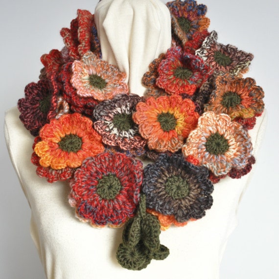 Floral Fall Contrast Red-Brown-Orange Crochet Multicolor