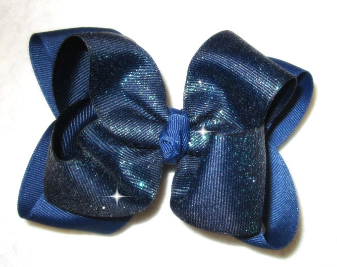 Royal Blue Shimmer Double Layered Boutique Lush Hair Bow Hairbow Baby Toddler or Little Girl Sparkle Glitter Glamour Party Fun
