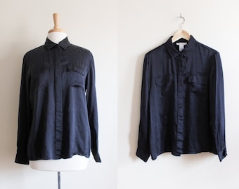 Vintage Black Silk Button Down Top