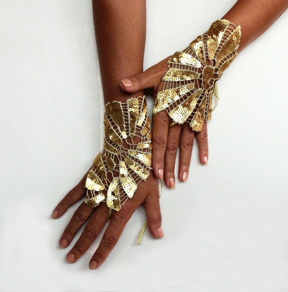 Gold Sequin Fingerless Gloves Unsymmetrical Wrist Cuff Charm