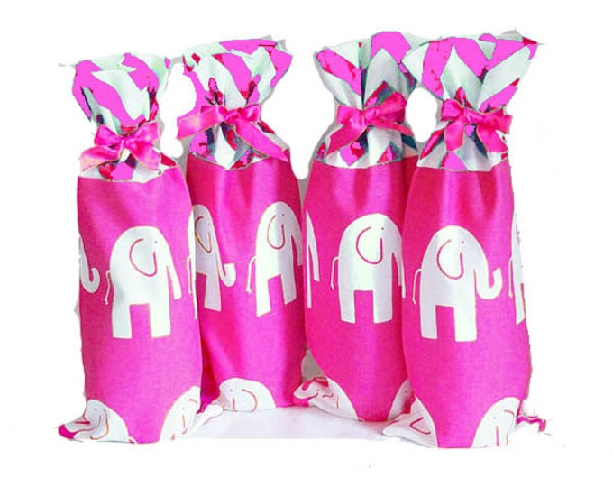 Baby Shower Hostess Gifts, 4 Pack, Elephant Print Wine Bags, Bright Pink Aqua Chevron, Fun Gifts for the Hostess, Baby Shower Party Prizes