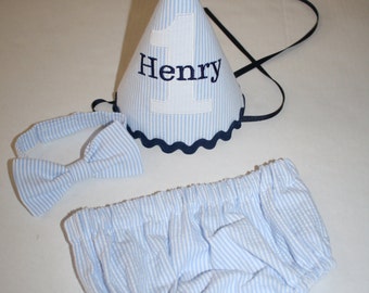baby boy first birthday outfit cake smash outfit for boy navy blue light blue seersucker 1st birthday boys diaper cover bow tie birthday hat