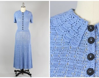 SALE 1930s Hand Crochet Dress in Powder Blue S/M