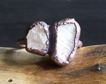 Tourmaline Morganite Natural Crystal Dual Stone Copper Ring Size 8 Raw Gemstone Birthstone Ring