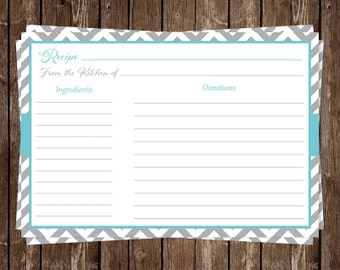 Recipe Cards, Chevron Stripes, Aqua, Blue, Gray, Bridal, Wedding, Shower, Housewarming, Gift, Set of 24 Printed Cards, FREE Shipping, STLOA