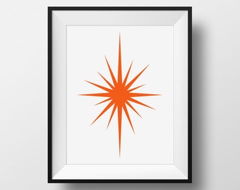 Mid Century Modern, Orange Starburst, Retro Art, Orange Mid-Century Modern Print, Orange Decor, Starburst Art, 1960's Style Print
